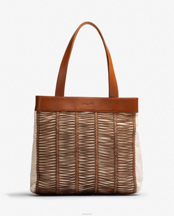 naiset Unisa iso kankaasta ja nahasta valmistettu käsilaukku ruskeaT08H1110