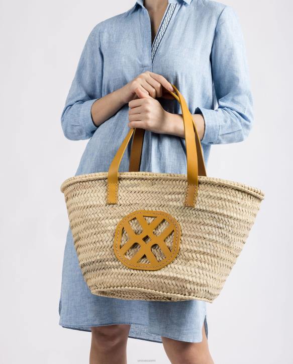 naiset Unisa keskikokoinen punottu kori, jossa nahkakahvat ja logo keltainenT08H1097