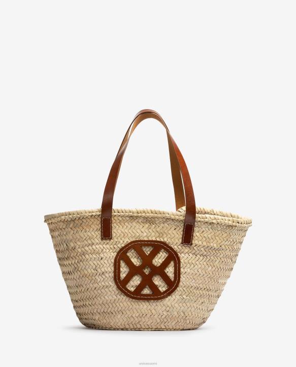 naiset Unisa keskikokoinen punottu kori, jossa nahkakahvat ja logo ruskeaT08H1098