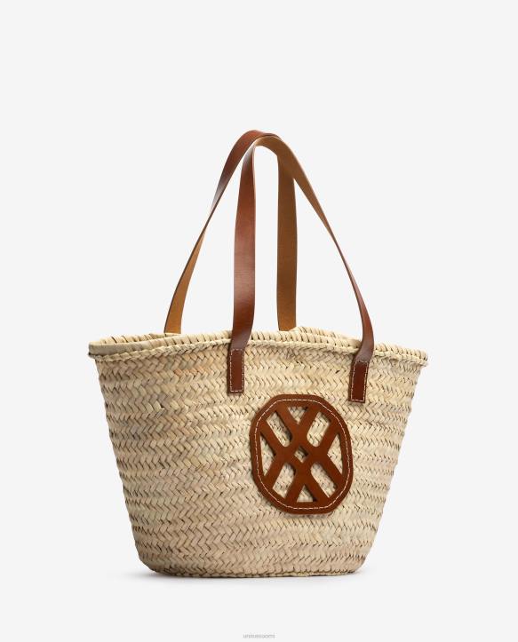 naiset Unisa keskikokoinen punottu kori, jossa nahkakahvat ja logo ruskeaT08H1098