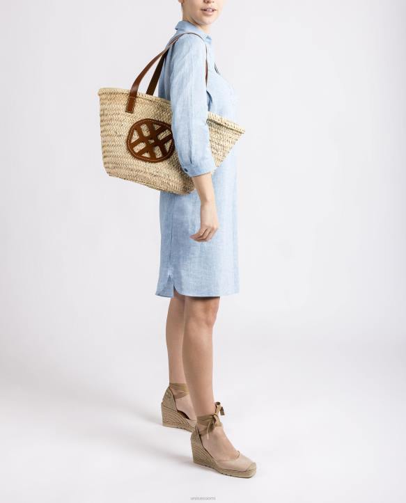 naiset Unisa keskikokoinen punottu kori, jossa nahkakahvat ja logo ruskeaT08H1098