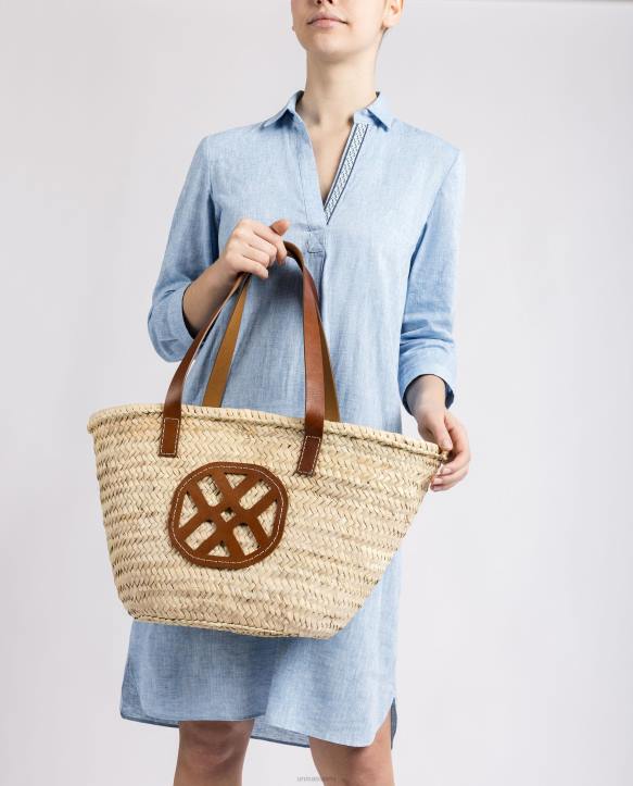 naiset Unisa keskikokoinen punottu kori, jossa nahkakahvat ja logo ruskeaT08H1098