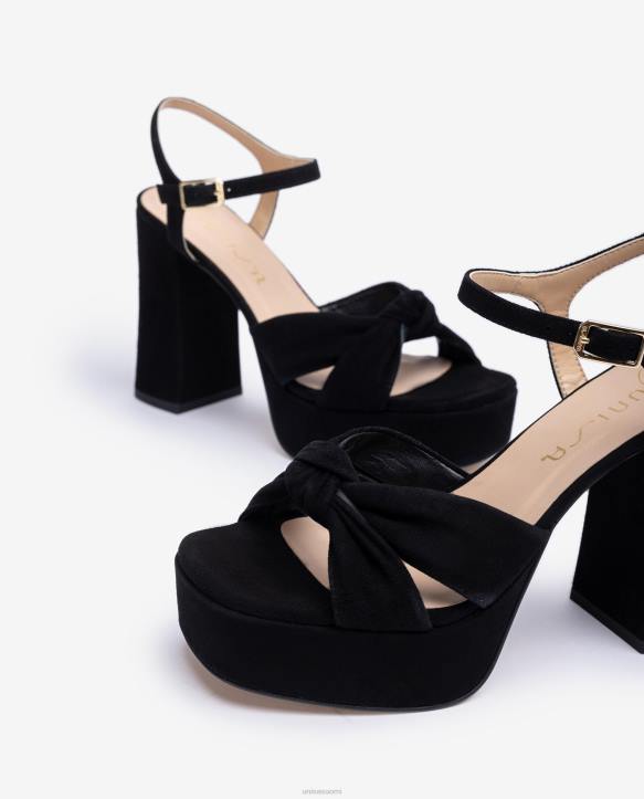 naiset Unisa neliömäinen sandaali, jossa solmu edessä mustaT08H52